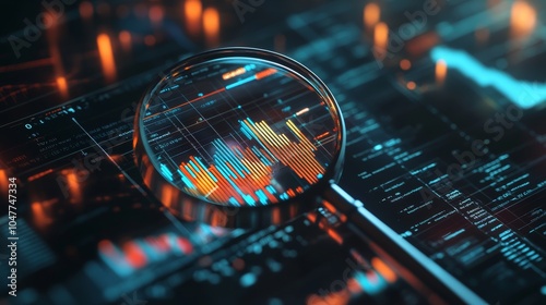 A magnifying glass focuses on digital financial graphs, highlighting trends and analytics insights. photo