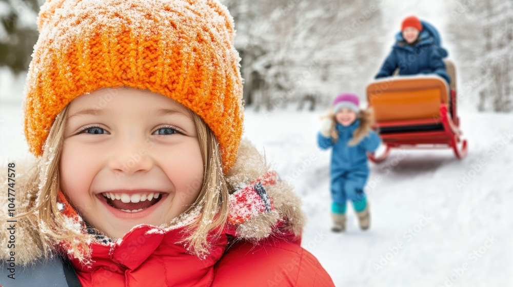 Smiling child in winter attire enjoys a snowy day with family sledding in the background, AI Smiling child in winter attire enjoys a snowy day with family sledding in the background, AI