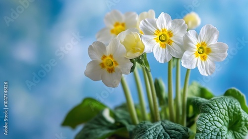 Close-up of white primrose flowers with yellow centers against a blue background.