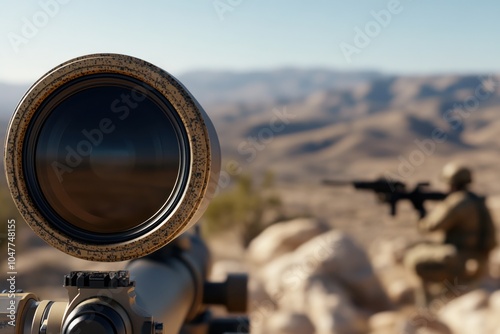 This image showcases a sniper's view through the riflescope, acutely focusing on a distant target amidst a vast desert, emphasizing precision and patience. photo