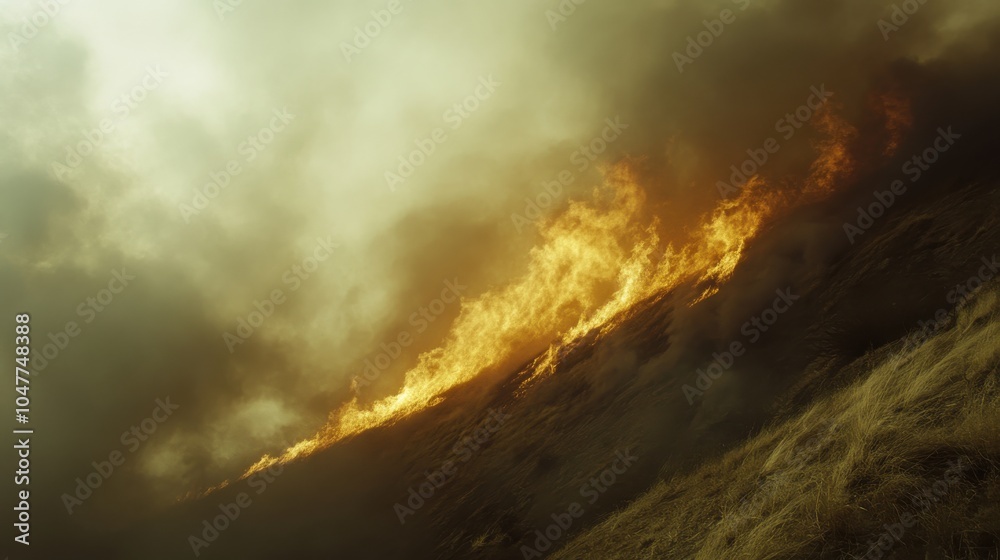 Fire spreading rapidly up a dry hillside, with flames racing towards the top and thick smoke billowing above Fire spreading rapidly up a dry hillside, with flames racing towards the top and thick smoke billowing above