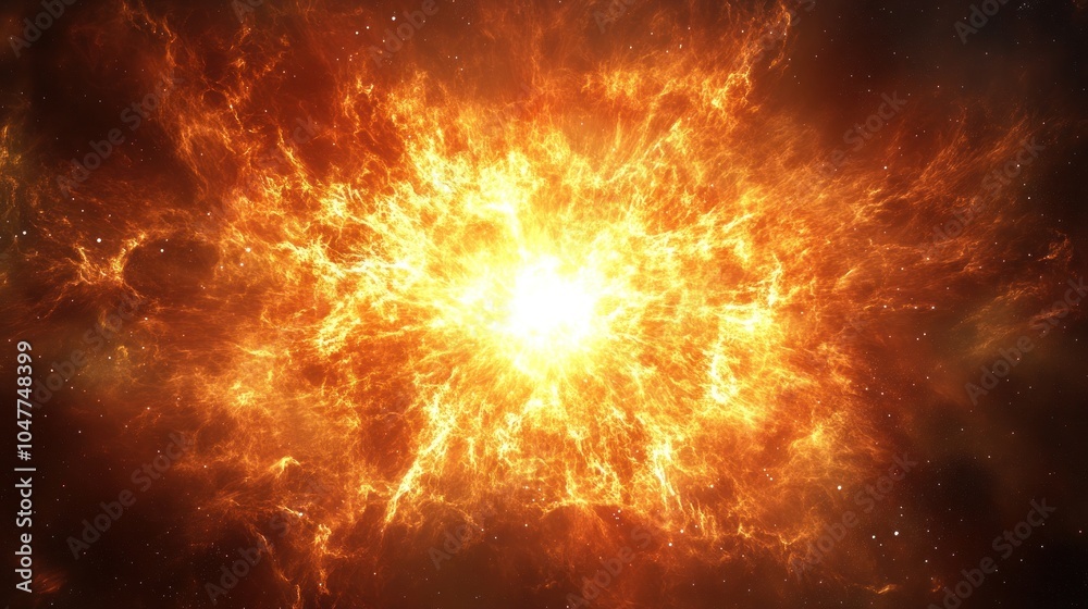 A fiery explosion in space, with bright light and flames reaching out. A fiery explosion in space, with bright light and flames reaching out.
