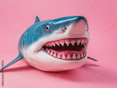 Friendly cartoon-style shark with massive smile and visible teeth, standing humorously on pink background.