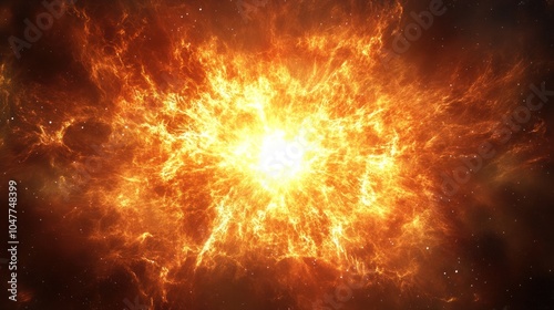 A fiery explosion in space, with bright light and flames reaching out.