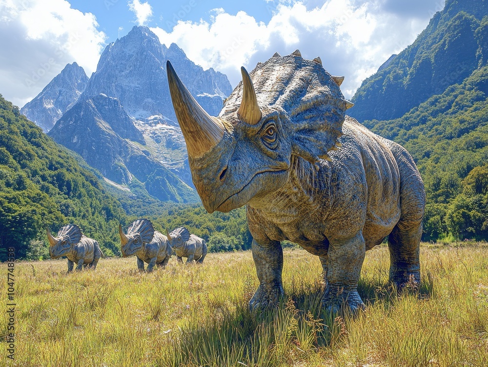 Fototapeta premium Realistic Photo Render of a Herd of Triceratops in an Open Field Surrounded by Mountains and Lush Green Trees