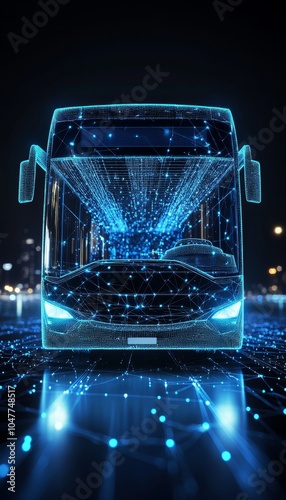 Futuristic Electric City Bus with Glowing Hologram, Autonomous Transportation Technology Concept. photo