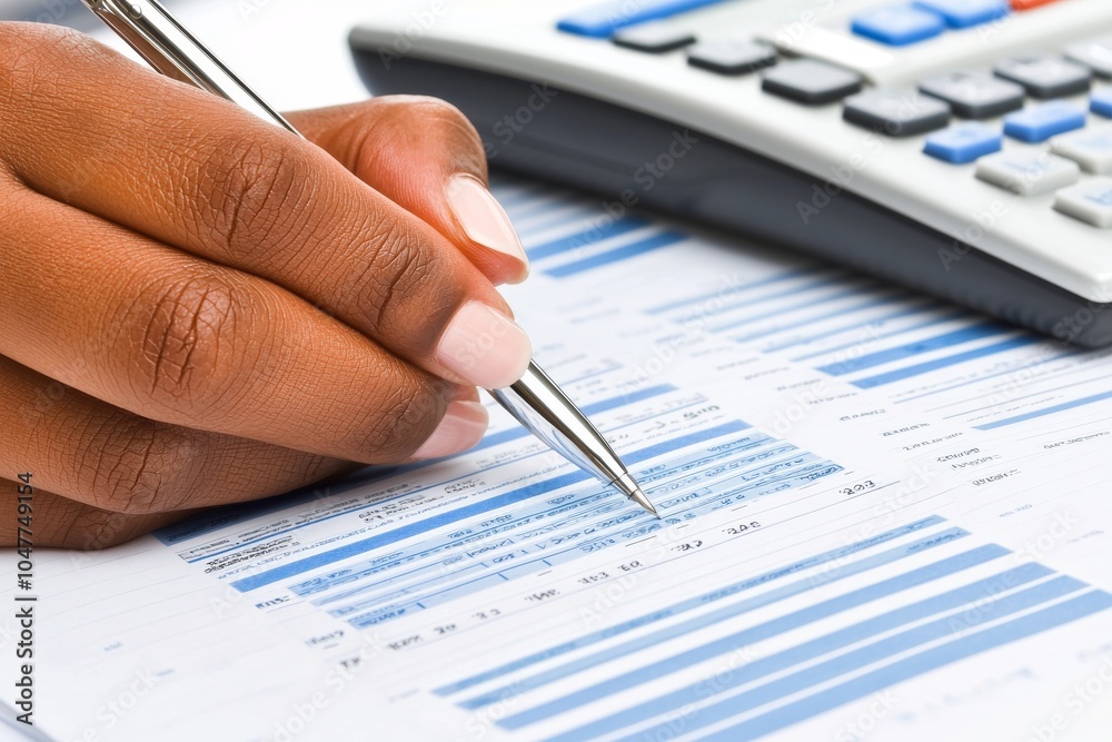 Reading a financial report with a pen and a closeup of hands holding the pen Reading a financial report with a pen and a closeup of hands holding the pen