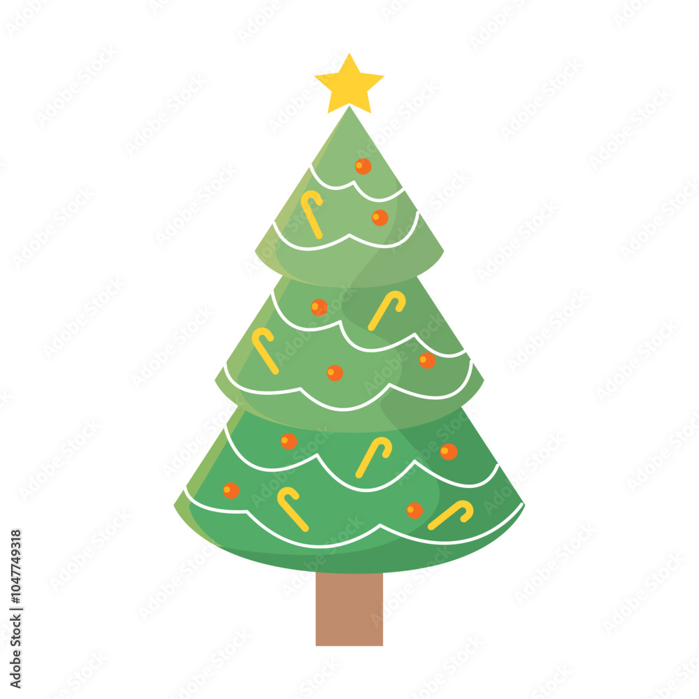 Fototapeta premium Decorated Christmas tree with star and ornaments, Vector