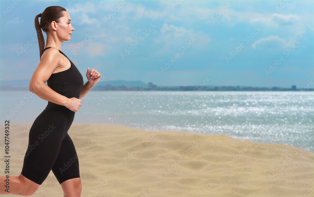 Beautiful woman running on beach. Space for text Beautiful woman running on beach. Space for text
