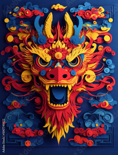 Colorful dragon head made of intricate paper cut art, featuring vibrant reds, blues, and yellows, surrounded by decorative clouds. This artwork showcases traditional craftsmanship and creativity