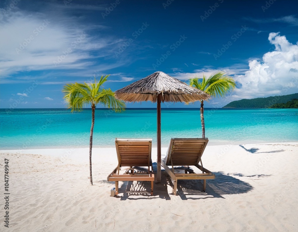 art tropical paradise beach with a sun lounger facing the blue sea art tropical paradise beach with a sun lounger facing the blue sea