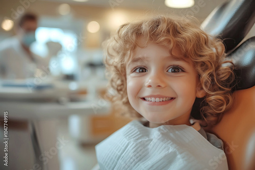 Smiling Caucasian boy around 4 years old with curly blonde hair, sitting in a dental chair, feeling happy and relaxed during a dental visit, with a dentist in the background.

