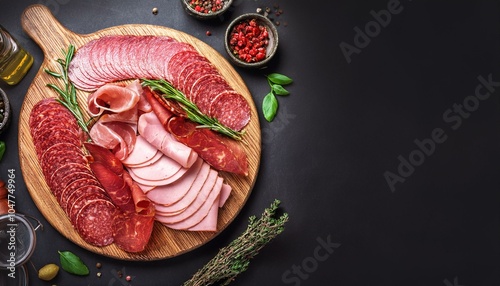 assortment of cold meats products ham sausage salami parma prosciutto bacon on wooden cutting board with herb and spices over dark background meat appetizer set of soda top view toning