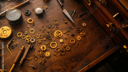 Clockmaker s Workshop   Vintage Watch Parts and Tools on Wooden Table photo