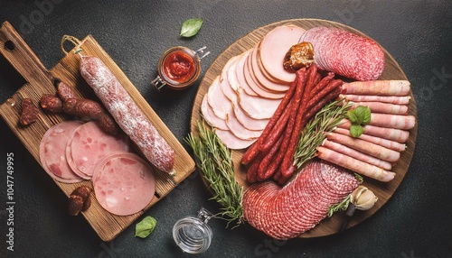 assortment of cold meats products ham sausage salami parma prosciutto bacon on wooden cutting board with herb and spices over dark background meat appetizer set of soda top view toning