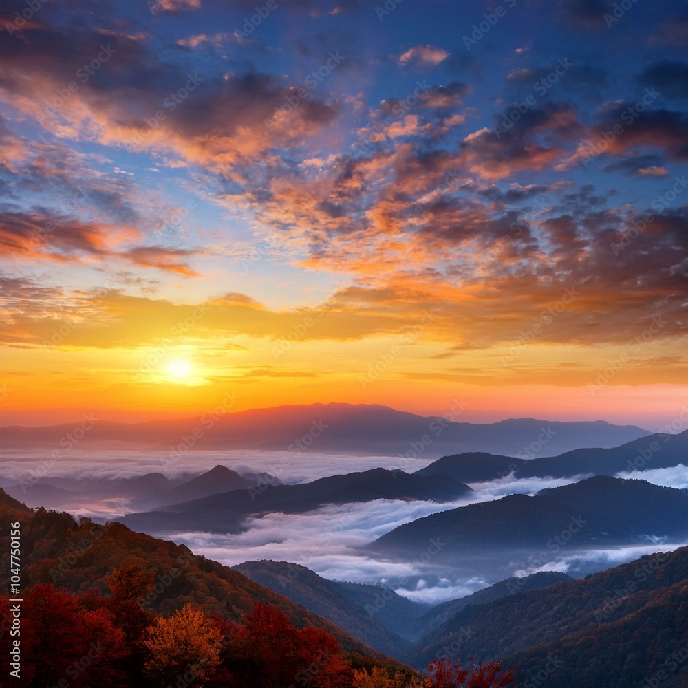 Obraz premium autumn sunrise cloudy sky over mountains abstract colorful peaceful sky background