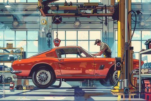 A skilled mechanic carefully examines the underside of a vintage car elevated on a hoist in a well-lit garage with various tools. Generative AI