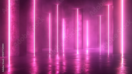 Wallpaper Mural A futuristic, abstract, and artistic interior setting with neon pink lights and reflections on a wet, dark floor. Torontodigital.ca