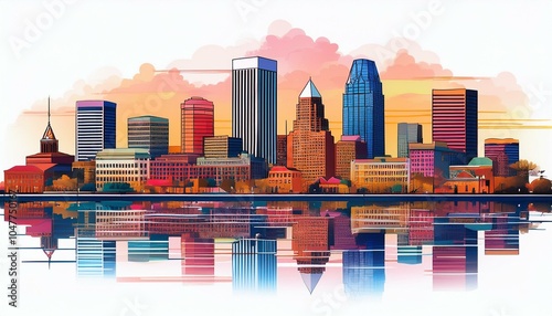 baltimore maryland skyline illustration with reflection in water