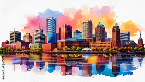 baltimore maryland skyline illustration with reflection in water
