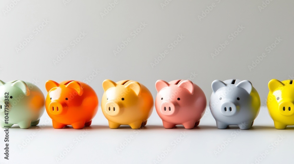 Piggy banks made of ceramic in different shapes (not just pigs) rendered in 3D and arranged on a white background, showing how to save money in various ways. Piggy banks made of ceramic in different shapes (not just pigs) rendered in 3D and arranged on a white background, showing how to save money in various ways.