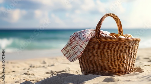 A picnic basket on a sandy beach, offering ample copy space for products.