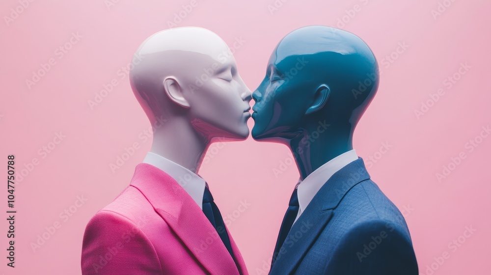 Two colorfully dressed mannequins kissing, blending vibrant surrealism with minimalistic fashion art. Two colorfully dressed mannequins kissing, blending vibrant surrealism with minimalistic fashion art.