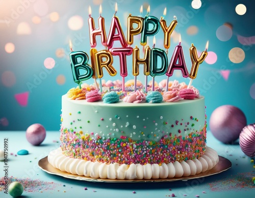 birthday cake with happy birthday lettering and sprinkles