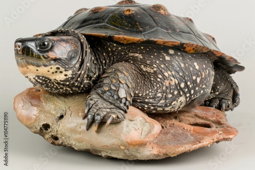 African Helmeted Turtle stands out with its distinctive helmet like shell and textured skin highlighting its adaptation. The simple backdrop emphasizes its unique form. photo