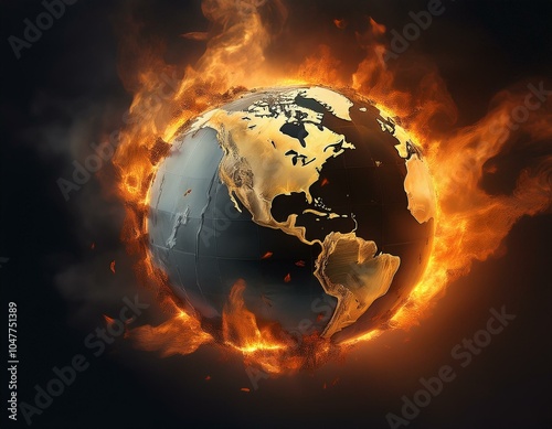 burning continents representing global devastation photo