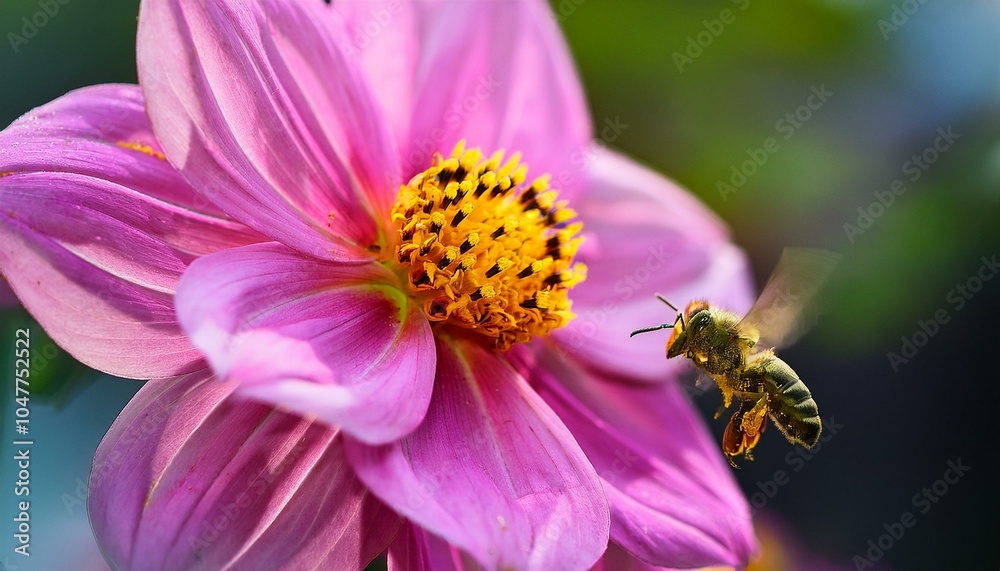 close up of a bee hovering next to a pink flower head indonesia close up of a bee hovering next to a pink flower head indonesia