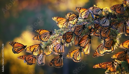 close up of a swarm of monarch butterflies danaus plexippus on a branch spain photo