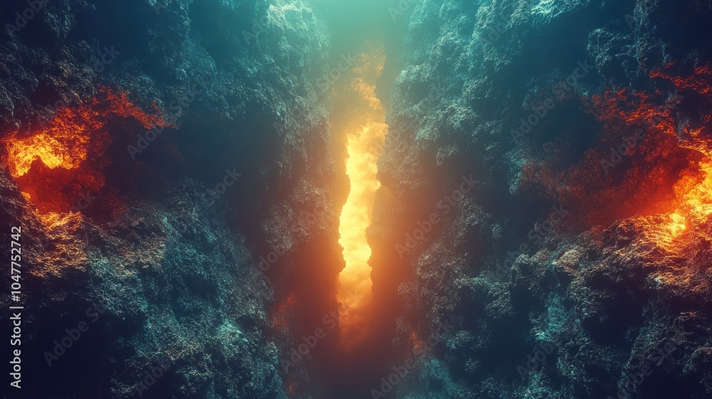 A glowing, bright orange light shines through a dark, stormy, and misty, textured sky. A glowing, bright orange light shines through a dark, stormy, and misty, textured sky.