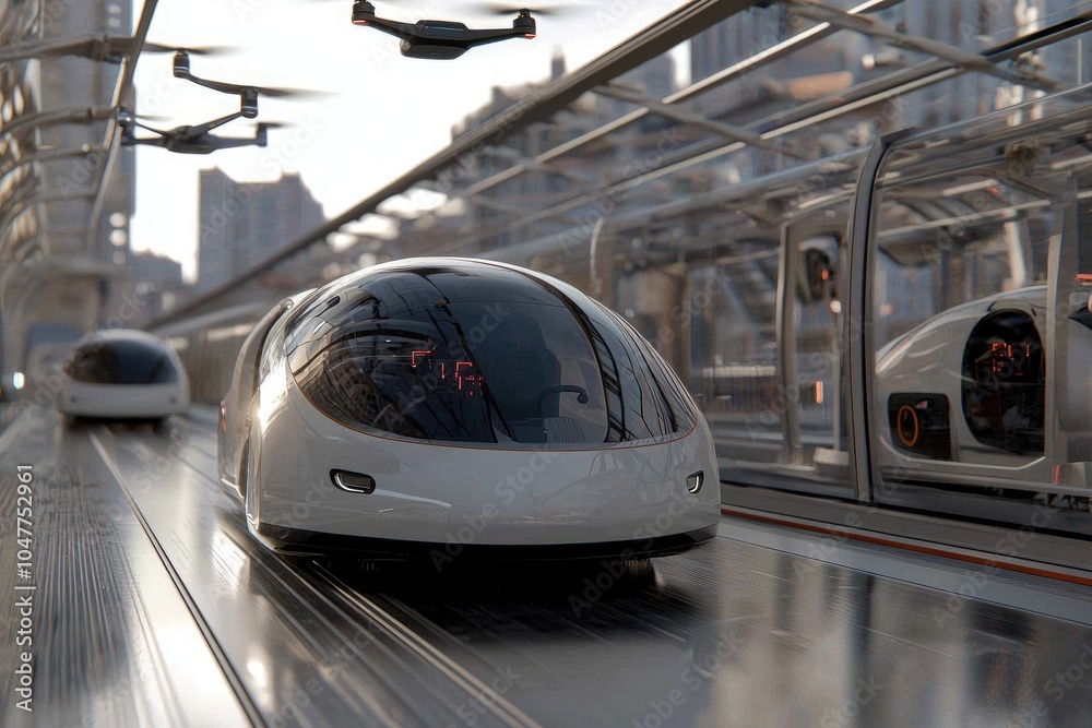 Obraz premium Autonomous transport nexus: A futuristic city hub featuring flying drones and self-driving cars against a backdrop of sleek skyscrapers and innovative urban design.
