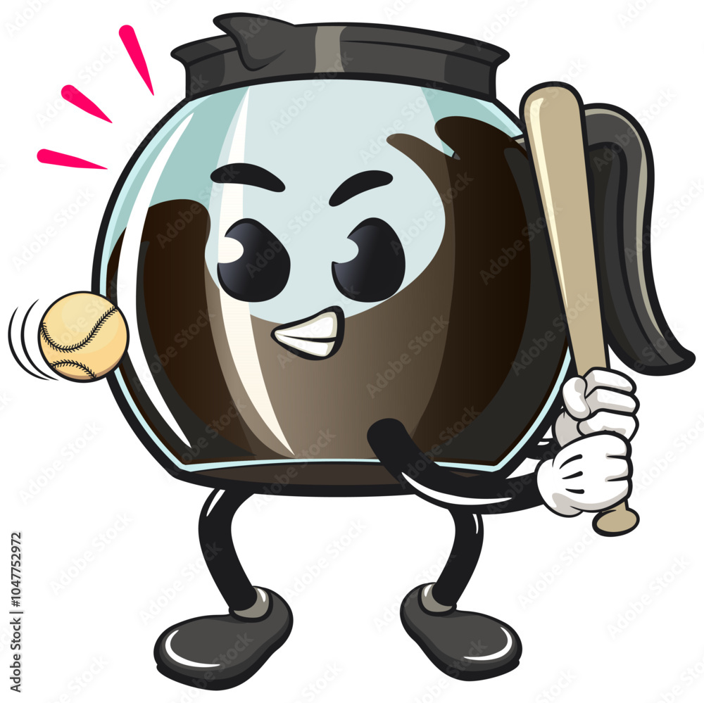 Fototapeta premium cool glass coffee pot cartoon mascot character vector illustration ready to hit with a baseball ball, work of hand drawn