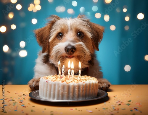 cute scruffy dog celebrating with a birthday cake