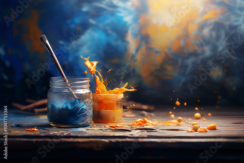 Paint Pot and Painbrush with Orange and Blue Paint Splash photo