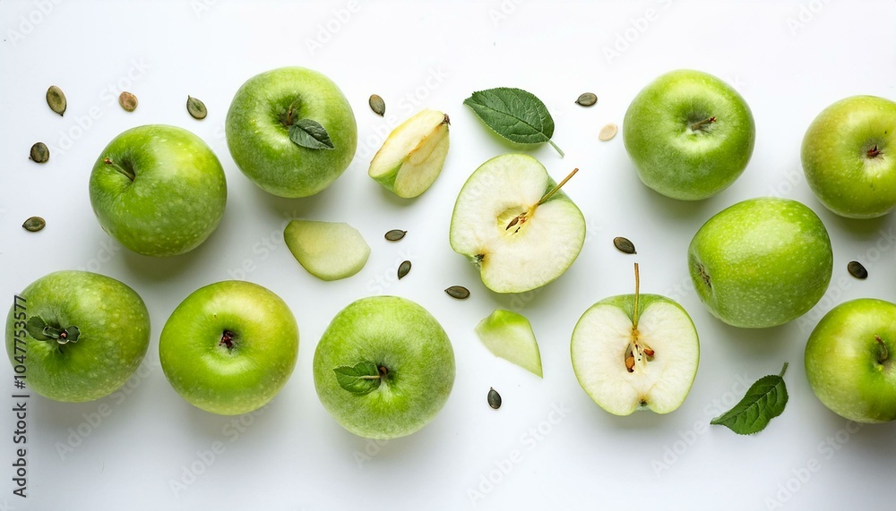 Obraz premium fresh green apples with seeds isolated on white background fruits pattern top view flat lay