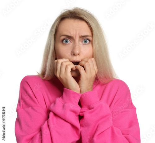 Portrait of scared woman on white background