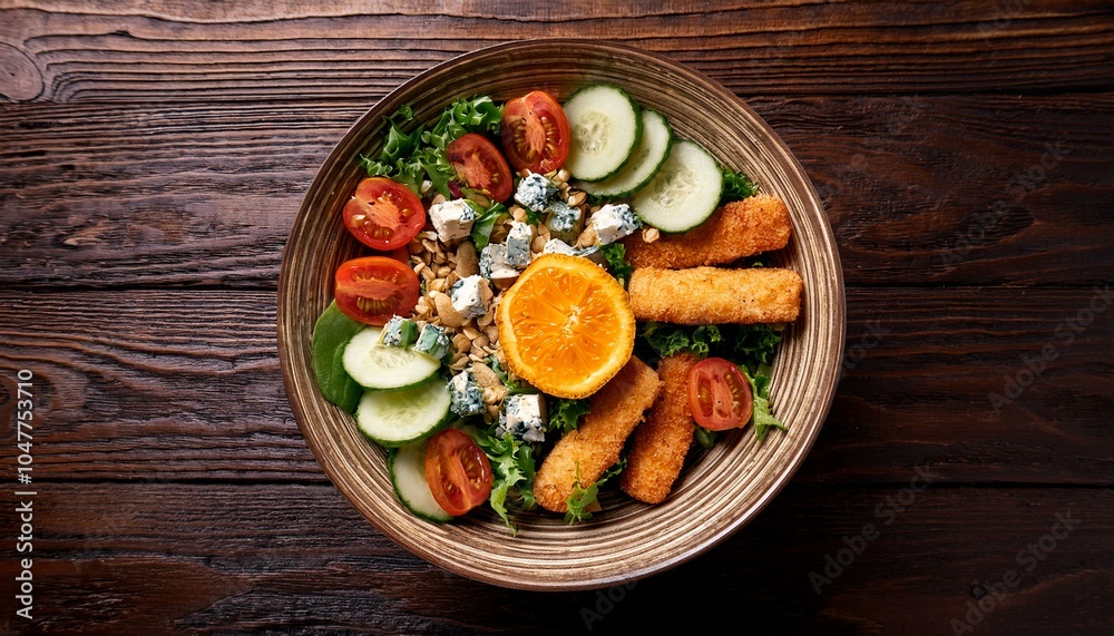 fresh summer salad with deep fried cheese sticks blue cheese tomatoes cucumbers granola greens and orange in bowl on wooden background healthy food clean eating buddha bowl salad top view fresh summer salad with deep fried cheese sticks blue cheese tomatoes cucumbers granola greens and orange in bowl on wooden background healthy food clean eating buddha bowl salad top view