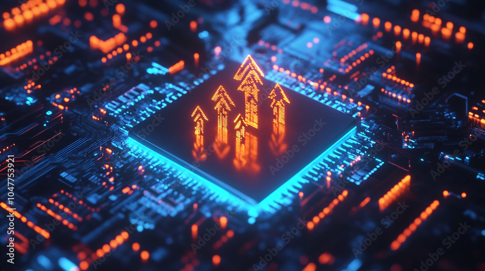 Fototapeta premium Circuit Board with Glowing Upward Arrows Technology Growth Concept