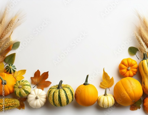 harvest festival background with autumn border from squash and decorative gourds on white photo