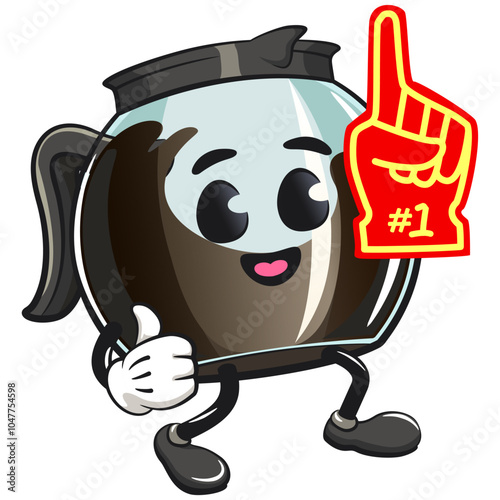 cool glass coffee pot cartoon mascot character vector illustration raise foam finger, work of hand drawn