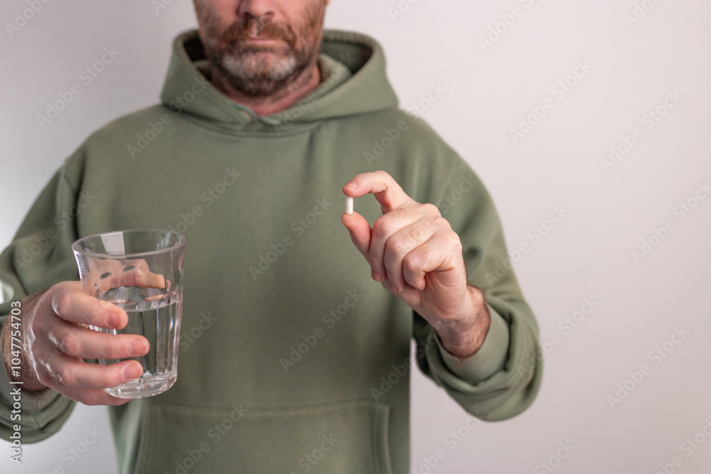 a man in a green hoodie holding a glass of water, offering the viewer a pill, cropped view a man in a green hoodie holding a glass of water, offering the viewer a pill, cropped view