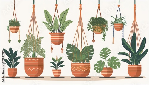 macrame plant in pot set garden house indoor hanger flowerpots hanging macrame home plants for interior decor  flat illustration