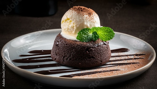 mini chocolate cake or fondant with chocolate icing ice cream and mint leaves on a plate dark background close up delecious sweets and dessert photo