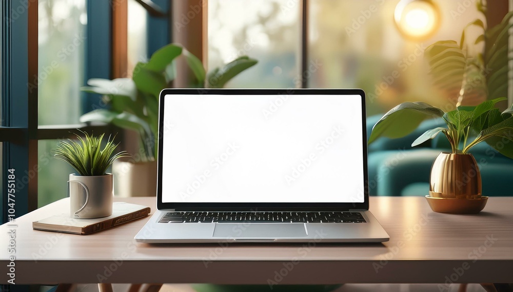 open laptop computer with a blank screen on a table in a stylish room open laptop computer with a blank screen on a table in a stylish room