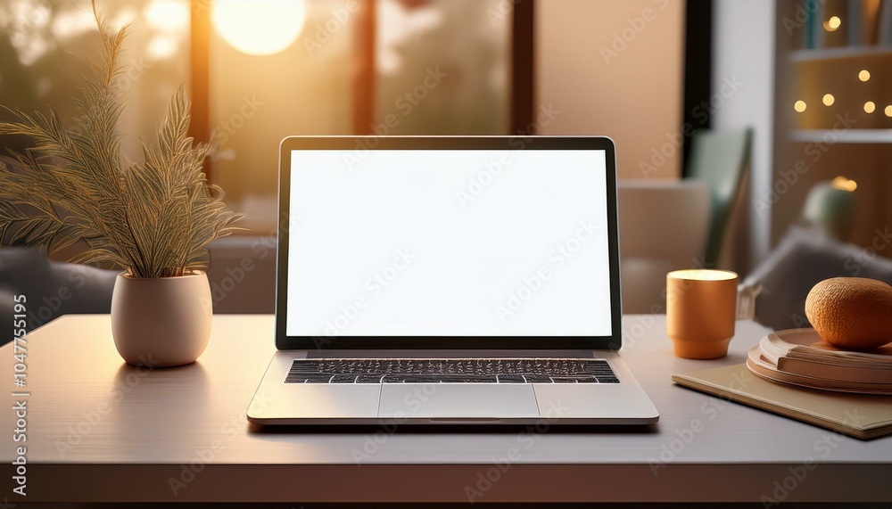 Fototapeta premium open laptop computer with a blank screen on a table in a stylish room