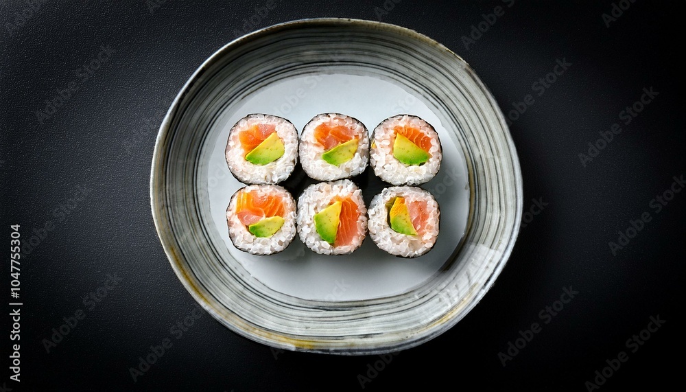 overhead view of four japanese maki rolls on a plate overhead view of four japanese maki rolls on a plate