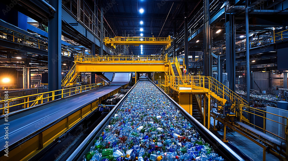 Obraz premium Plastic Recycling Plant Conveyor Belt with Bottles Industrial Production Line